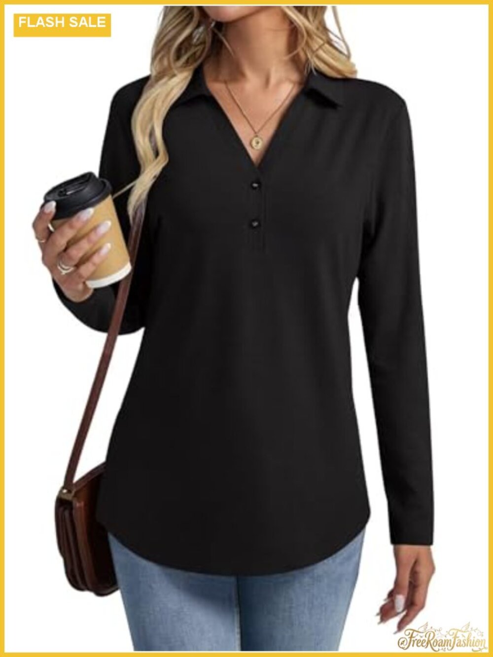 Women's V Neck Polo Shirt Collared Henley Long Sleeve Tunic Top